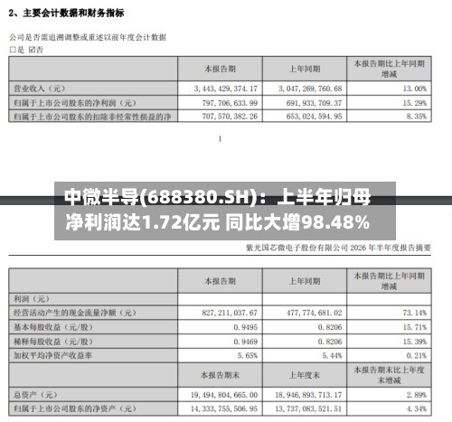 中微半导(688380.SH)：上半年归母净利润达1.72亿元 同比大增98.48%-第2张图片